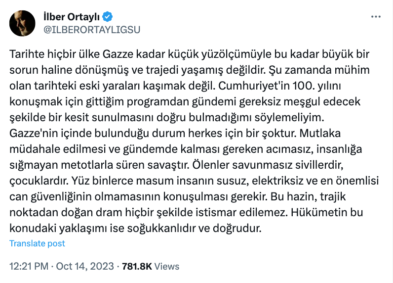 ilber ortayli dan dikkat ceken gazze aciklamasi